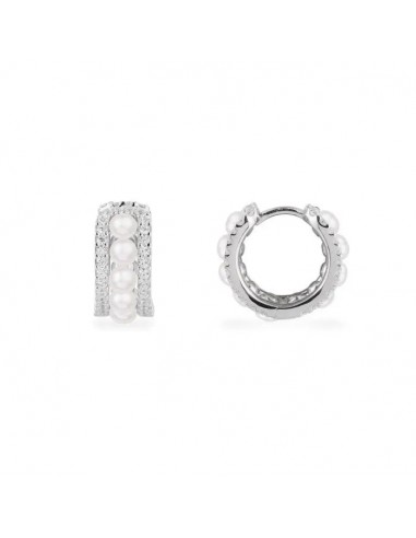 APM Eternelle Sterling Silver Small Double Paved Hoop Earrings with Pearls AE12369XPL le des métaux précieux