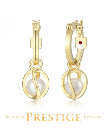 ELLE "LUNA" GOLD PLATED GENUINE 6-6.5MM WHITE PEARL & CAGE ON 15MM HOOP brillant des détails fins