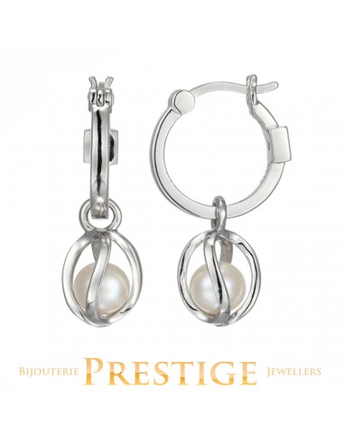 ELLE "LUNA" RHODIUM PLATED GENUINE WHITE PEARL & CAGE ON 15MM HOOP du meilleur 