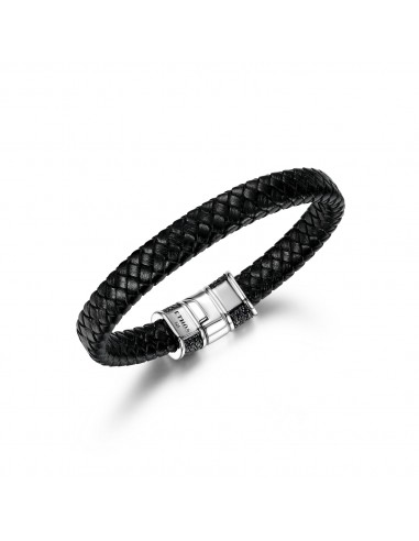 ETHOS "BLACK ICE" 2TONE GEN BLK SAPPHIRE 10MM WIDE LEATHER BRACELET basket pas cher